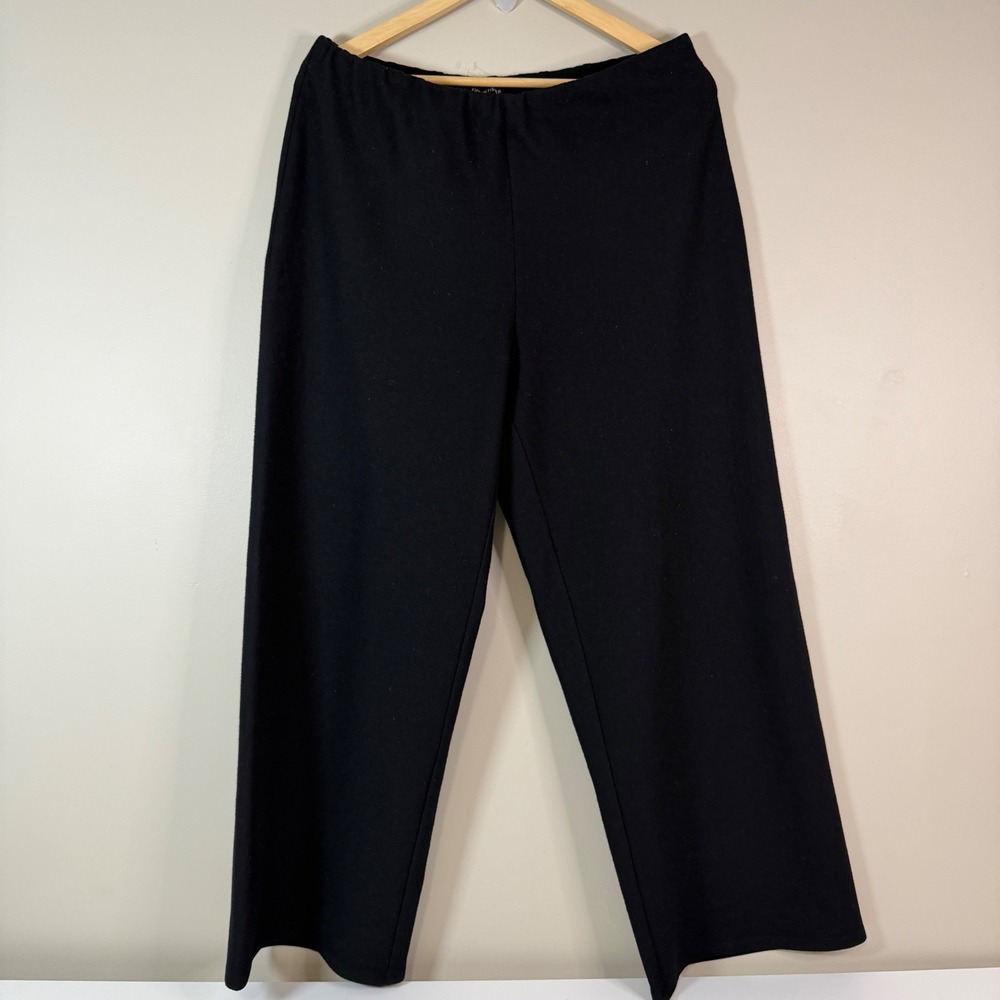 EILEEN‎ FISHER Black Wool Wide Leg Pants Size LG Easy Fit Ankle Length